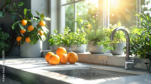 Kitchen Sink with Oranges and Plants by the Window