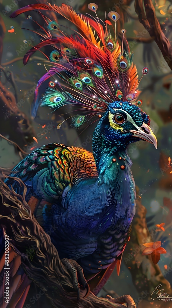 Obraz premium painting of blue peacock sitting on a branch of a tree, beautiful and graceful, peacock. intricate, blue phoenix bird, detailed beautiful animals, peacock, peaceful and graceful, 4 k highly detailed a