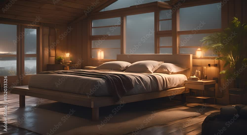 Comfortable bed in a small cabin in the rain outside in the night air 4k Comfortable bed in a small cabin in the rain outside in the night air 4k