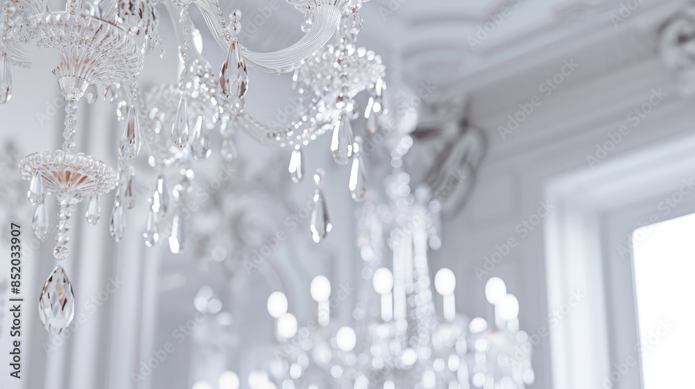 Crystal chandelier detail in white room Crystal chandelier detail in white room