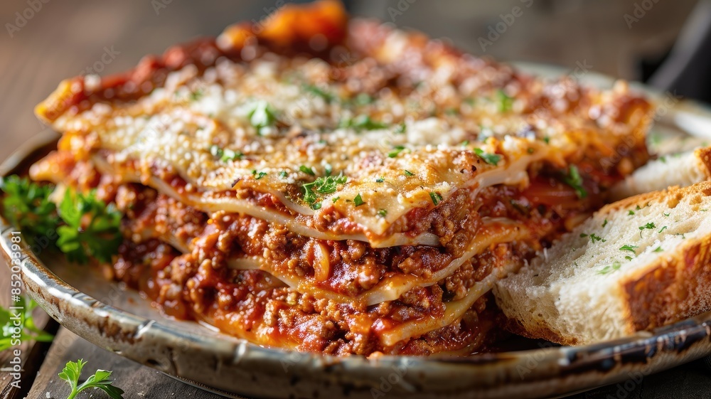 Rich, cheesy lasagna with melted cheese, savory meat sauce, garnished parsley Rich, cheesy lasagna with melted cheese, savory meat sauce, garnished parsley