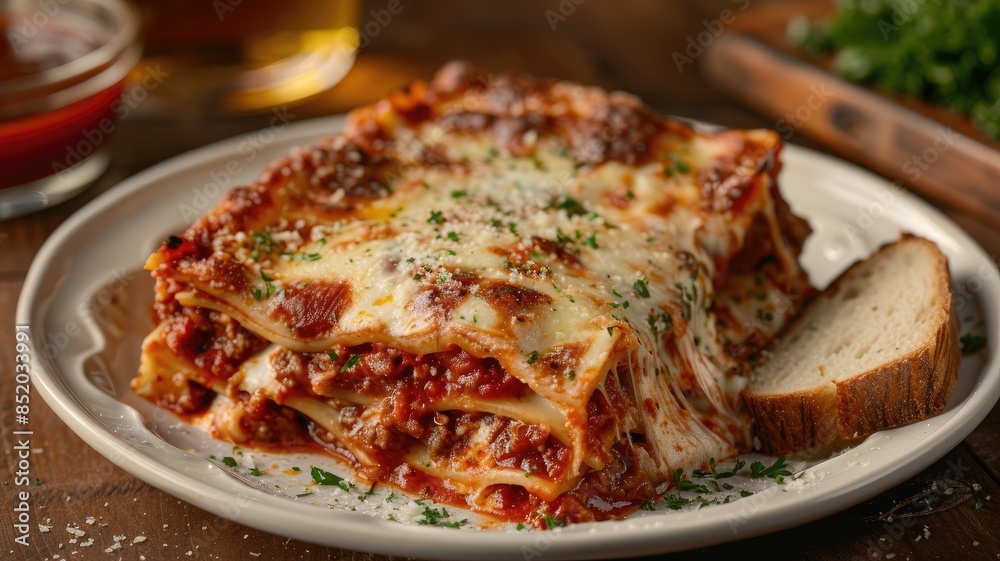 Delectable lasagna layered with rich meat sauce and melted cheese, garnished herbs Delectable lasagna layered with rich meat sauce and melted cheese, garnished herbs
