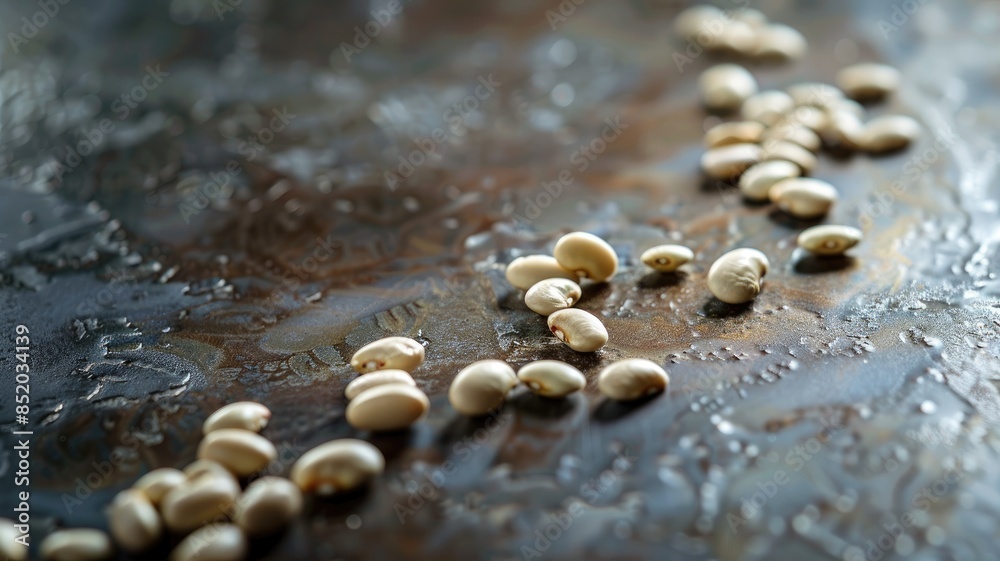 White beans are scattered on textured wet surface White beans are scattered on textured wet surface