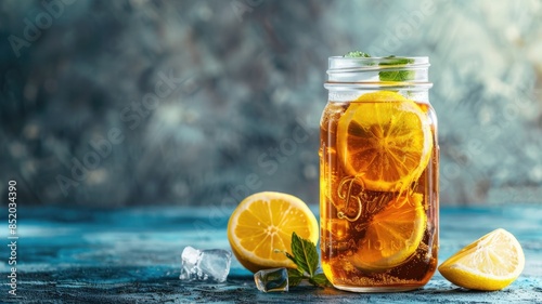 Refreshing iced tea with lemon slices and mint in mason jar on blue surface