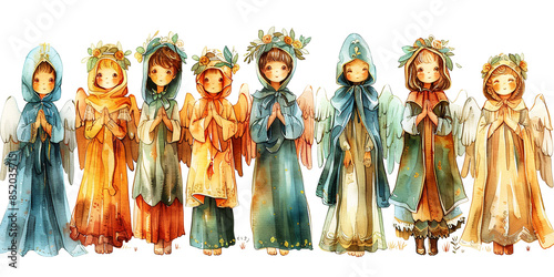 Watercolor illustration of praying angels.