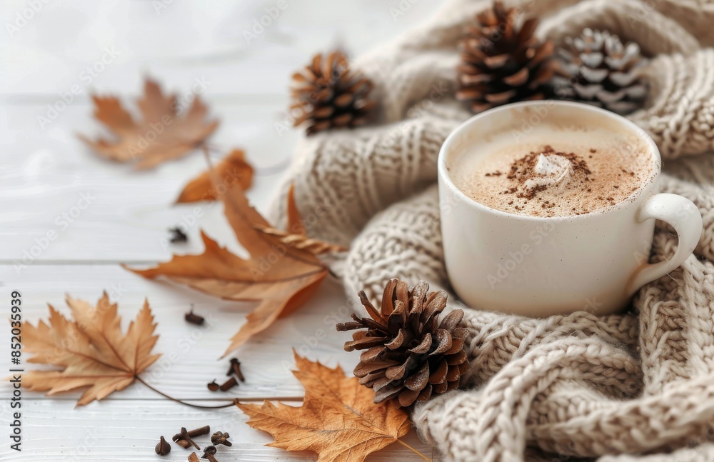 Cozy Autumn Day Coffee Break With Cinnamon and Pine Cones Cozy Autumn Day Coffee Break With Cinnamon and Pine Cones