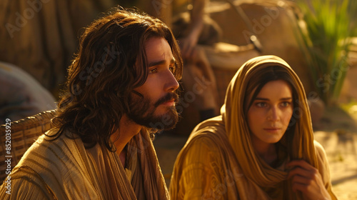 Conversation between Jesus Christ and the Samaritan woman at the well. Photo of the gospel event, biblical times. For Christian publications photo