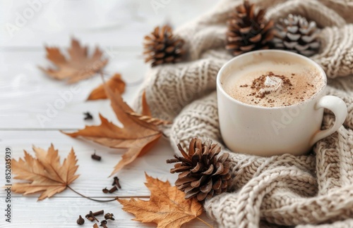 Cozy Autumn Day Coffee Break With Cinnamon and Pine Cones