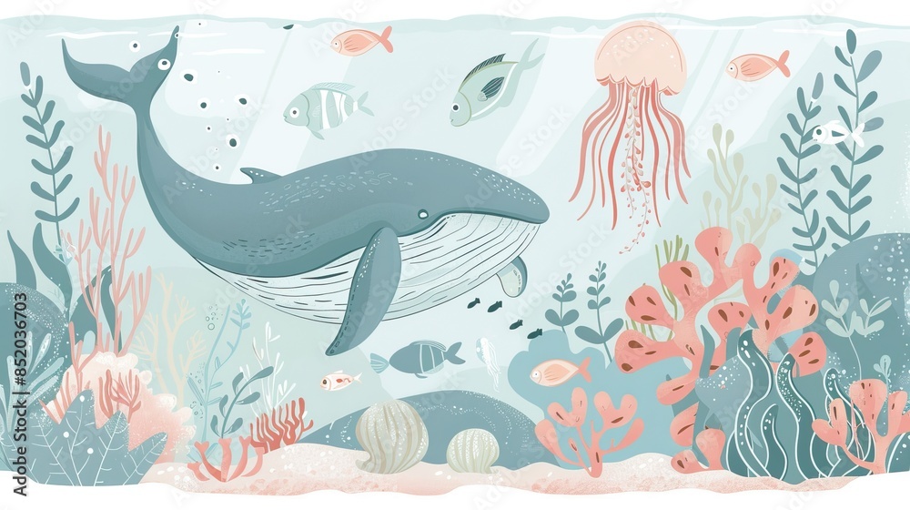 Obraz premium Watercolor style illustration background landscape ocean where whales, penguins, fish and dolphins are swimming in the summer sea. High quality AI generated image