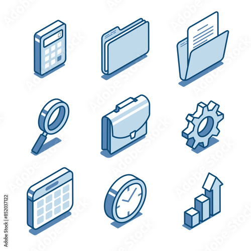 isometric vector set of linear icons of folders with a briefcase and also with a clock and a calculator, in color on a white background, business and finance