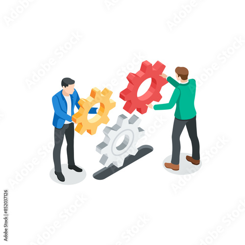 isometric vector business men assemble a mechanism from gears, in color on a white background, teamwork or work for success