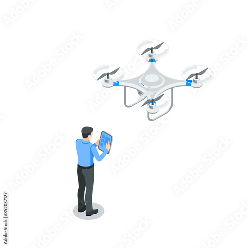 isometric vector man with a tablet controls a flying drone, in color on a white background, modern technology or drone launch