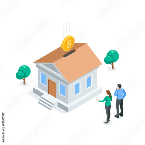 isometric vector man and woman stand in front of a house in which a coin falls, in color on a white background, payment for a house or savings for the purchase of real estate