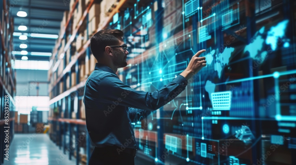 Utilizing a state-of-the-art digital panel, a logistics manager oversees inventory control with precision and efficiency Utilizing a state-of-the-art digital panel, a logistics manager oversees inventory control with precision and efficiency