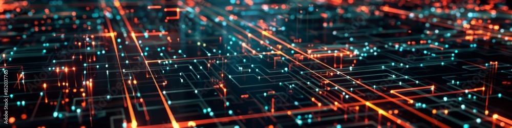 Dark background with a fragmented grid and broken connections, highlighted by sporadic neon glows for a modern tech look Dark background with a fragmented grid and broken connections, highlighted by sporadic neon glows for a modern tech look
