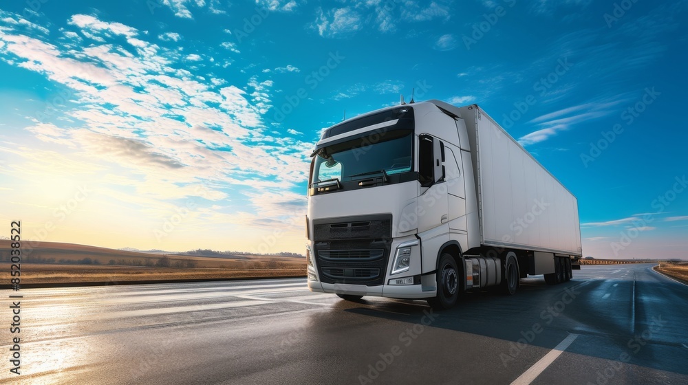 White truck with trailer stands under clear blue sky White truck with trailer stands under clear blue sky