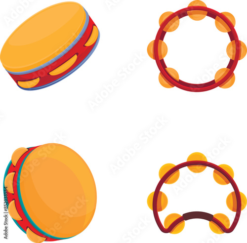 Various tambourine icons set cartoon vector. Ethnic wooden tambourine. Percussion musical instrument