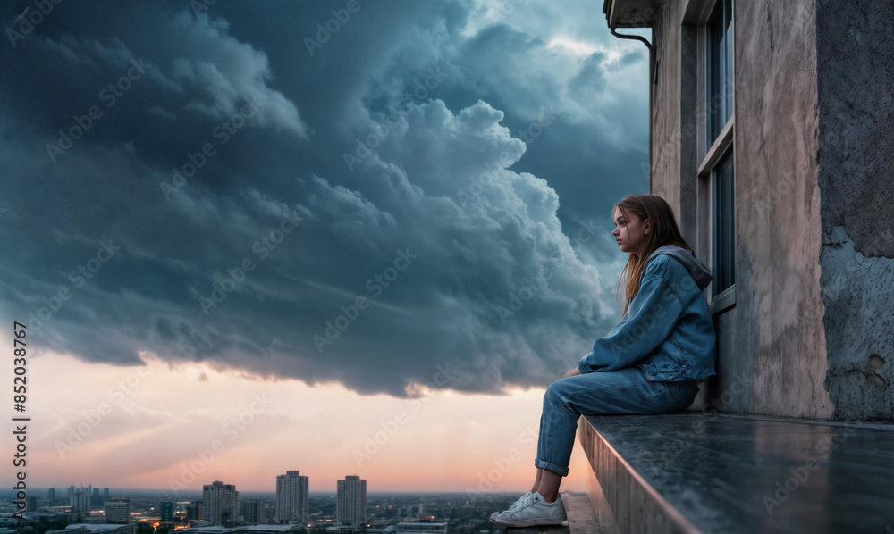 Fototapeta premium young woman sits on a window sill, looking out at the city skyline, as the storm clouds gather.