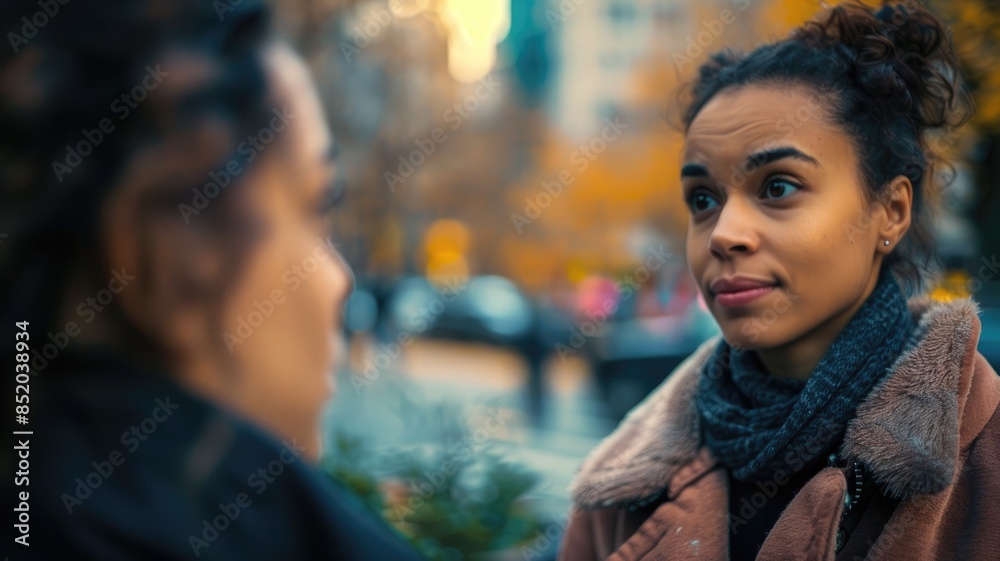 Two women conversing outdoors in winter attire, fall scenery Two women conversing outdoors in winter attire, fall scenery