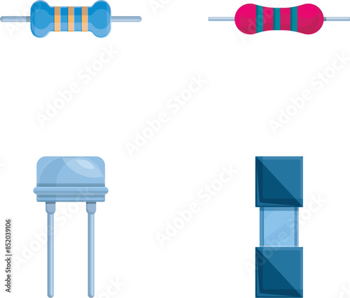 Resistor icons set cartoon vector. Various resistor and transistor. Electronic component