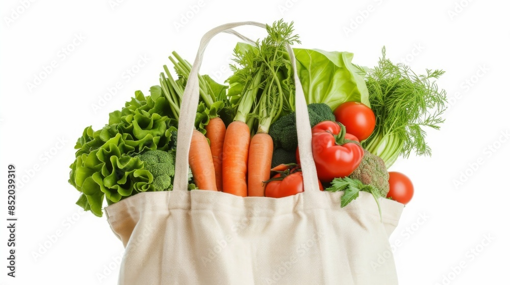Shopping bag filled with various fresh vegetables such as carrots, lettuce and tomatoes on a white background Shopping bag filled with various fresh vegetables such as carrots, lettuce and tomatoes on a white background