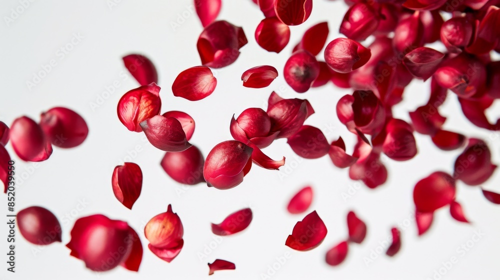 Rosella fruits are depicted falling in mid-air against a white background