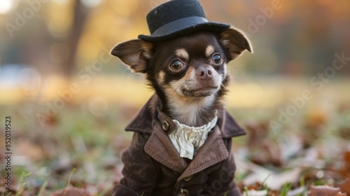 A small Chihuahua dressed in attire plays at the park