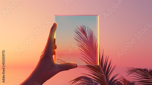glass block in hands against the background of a sunset in the tropics photo