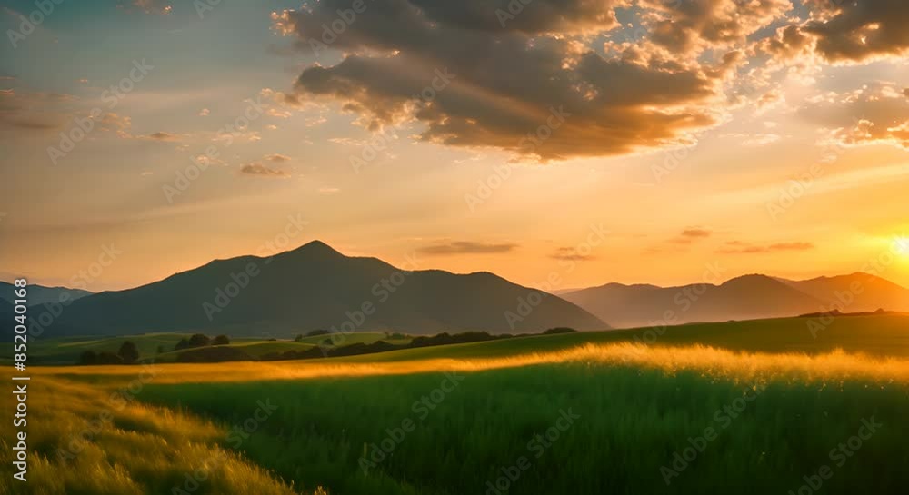 Golden sun setting over lush green wheat field with rolling hills, capturing the serenity of rural landscape Golden sun setting over lush green wheat field with rolling hills, capturing the serenity of rural landscape