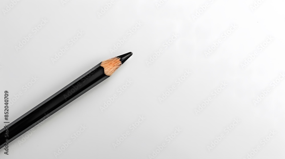 Black pencil with sharp tip on white background. Minimalistic flat lay composition with copy space for stationery and drawing concept Black pencil with sharp tip on white background. Minimalistic flat lay composition with copy space for stationery and drawing concept