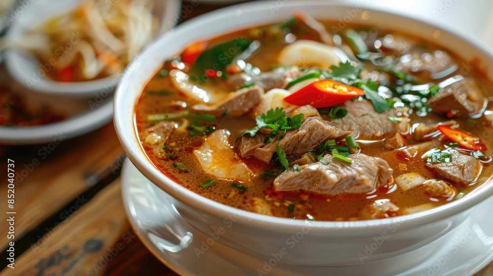 Close up of a plate of Asian shurpa soup with meat and vegetables on a wooden table Close up of a plate of Asian shurpa soup with meat and vegetables on a wooden table