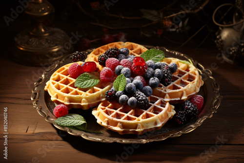 a plate of waffles with berries photo