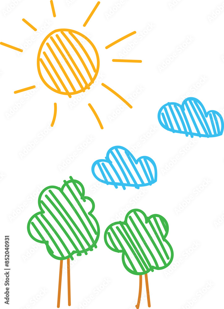 Fototapeta premium Childlike drawing sun, clouds, trees, colorful sketch, simple lines, nature doodle. Sunshine bright yellow, blue fluffy clouds, green trees, naive art style, playful illustration. Artwork kids