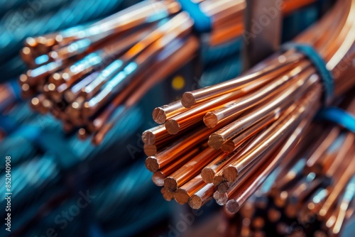 Close-up of copper rods stacked in a warehouse, industrial materials concept