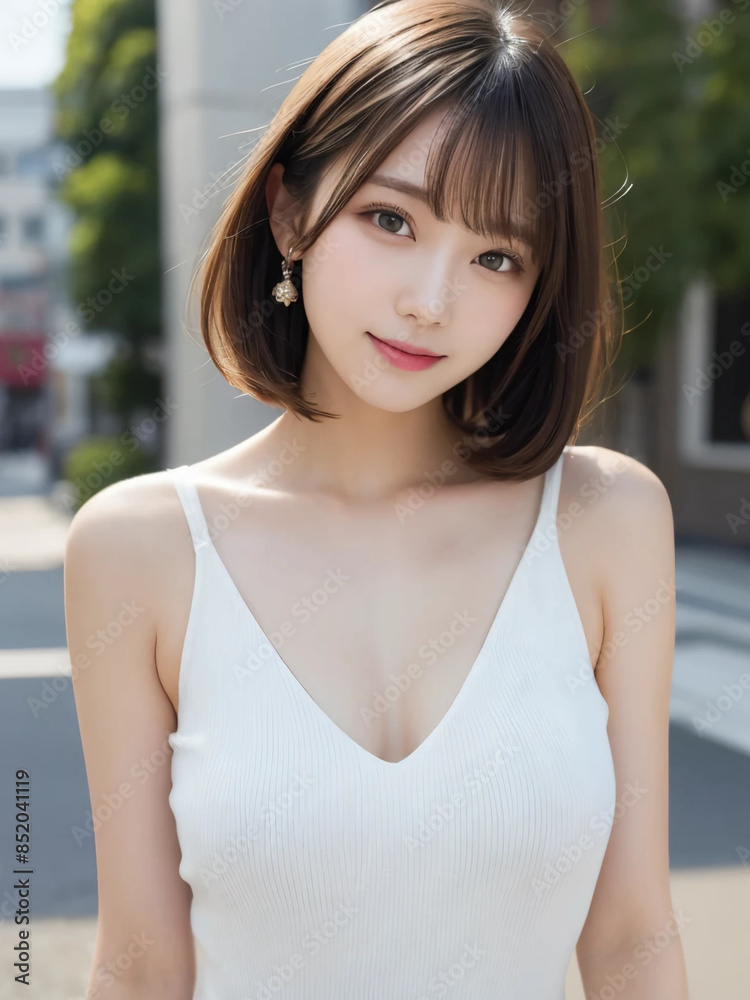 Fototapeta premium Japanese woman with short hair smiling kindly on the street during the day. Generative AI
