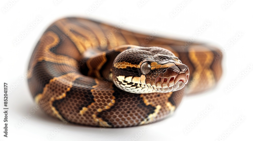 Ball python with chocolate coloration photographed against white background Ball python with chocolate coloration photographed against white background