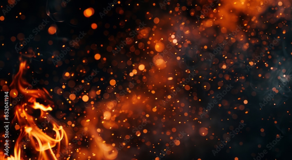 Fototapeta premium Sparks and ember particles floating over a black backdrop, with a moody and dark ambiance