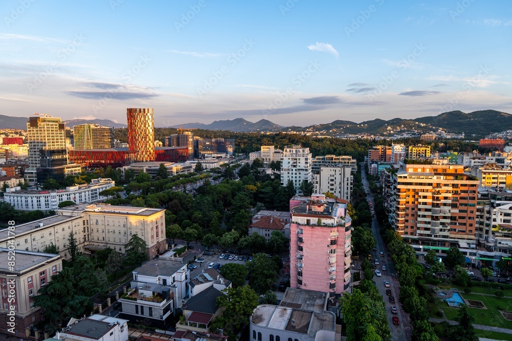 Aerial image of Tirana Skyline at sunset Aerial image of Tirana Skyline at sunset
