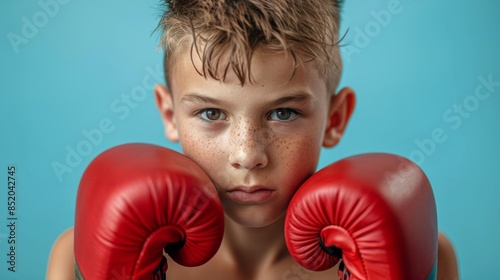 Young Boy in Red Boxing Gloves