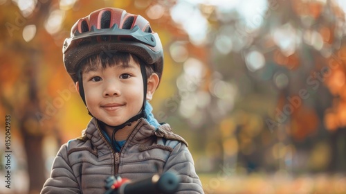 A charming portrait captures the essence of a 6 7 year old mixed race Asian Caucasian boy dressed in a bike helmet gazing at the camera with a cheerful smile Standing outdoors in the park d