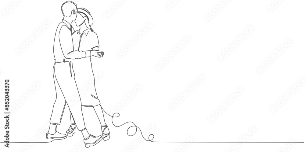 Couple dancing in continuous line art drawing style. Loving man and woman. Romantic date. Vector illustration Couple dancing in continuous line art drawing style. Loving man and woman. Romantic date. Vector illustration