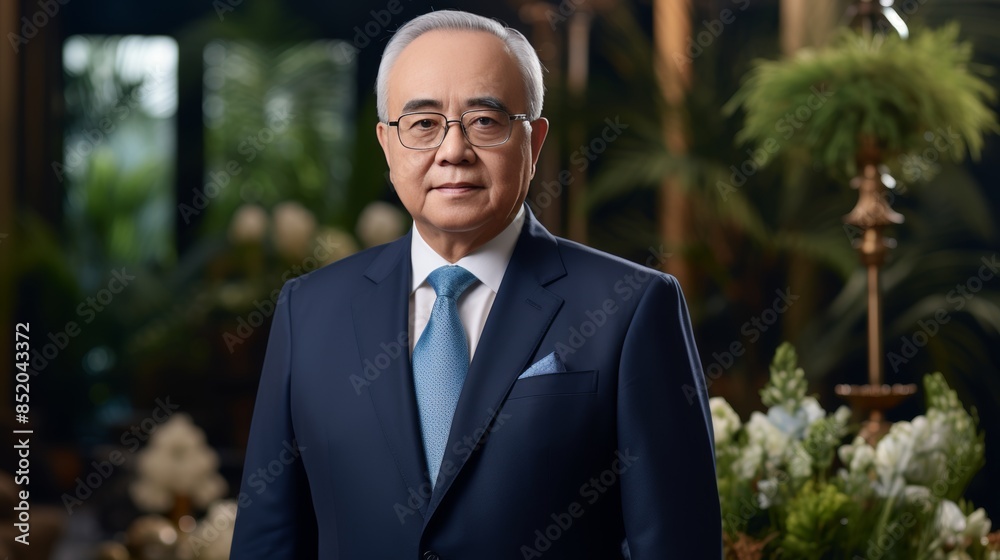 Mature asian businessman in formal attire exuding confidence and success in office setting Mature asian businessman in formal attire exuding confidence and success in office setting