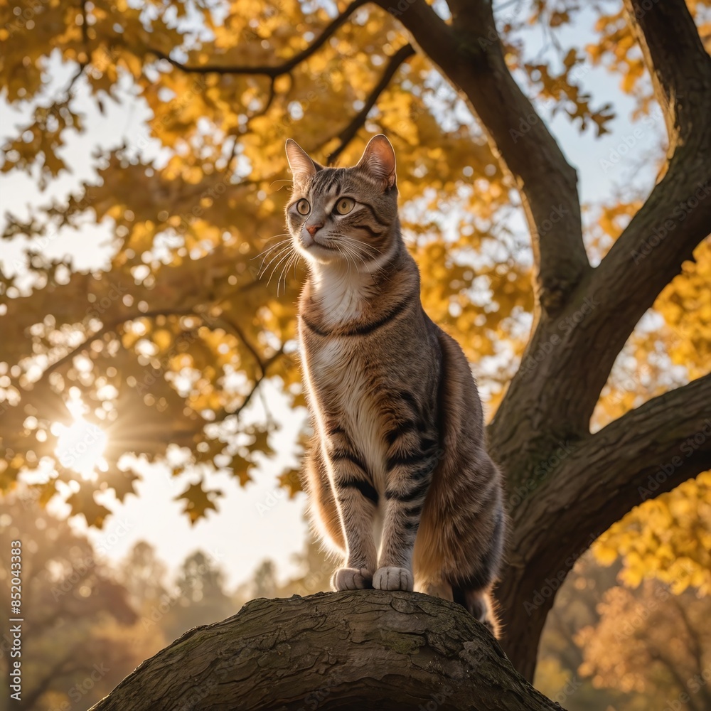Majestic Cat Amongst Autumn Leaves Cinematic Capture at Golden Hour