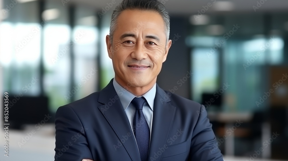 Confident senior asian businessman in professional attire exuding success and confidence in office Confident senior asian businessman in professional attire exuding success and confidence in office