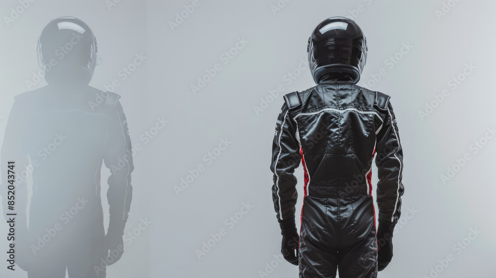 Person in racing suit and helmet, standing against gray background Person in racing suit and helmet, standing against gray background