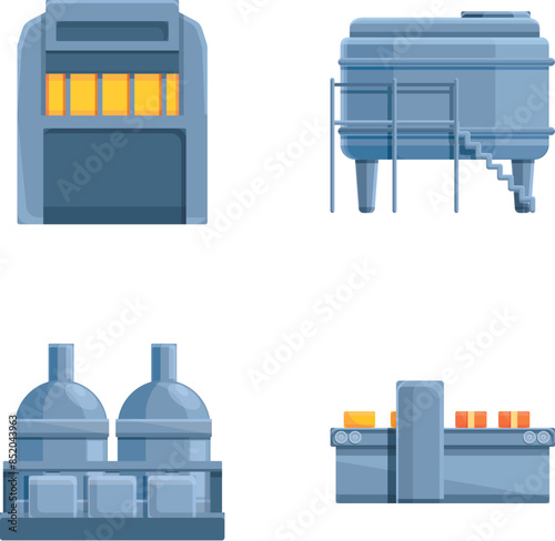 Cheese manufacturing icons set cartoon vector. Equipment for cheese production. Food industry