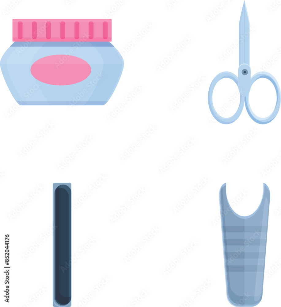 Manicure equipment icons set cartoon vector. Manicure and chiropody tool. Fashion, beauty Manicure equipment icons set cartoon vector. Manicure and chiropody tool. Fashion, beauty
