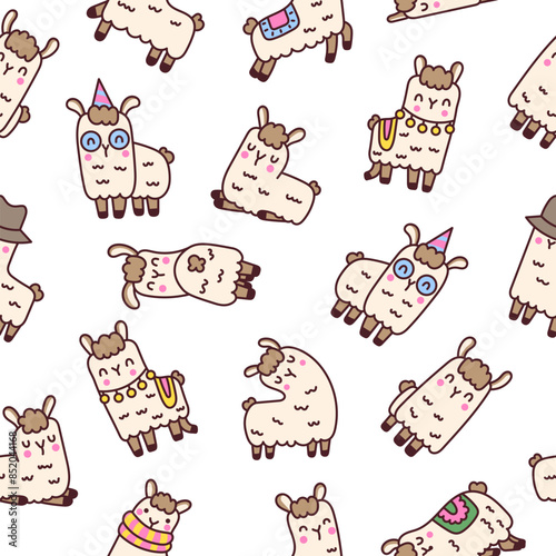 Cute kawaii llama or alpaca. Seamless pattern. Animals cartoon character. Hand drawn style. Vector drawing. Design ornaments.