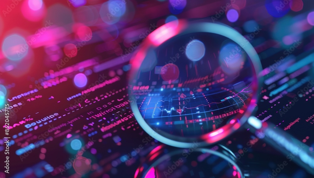 A magnifying glass is on a computer screen with a blue background. A magnifying glass is on a computer screen with a blue background.