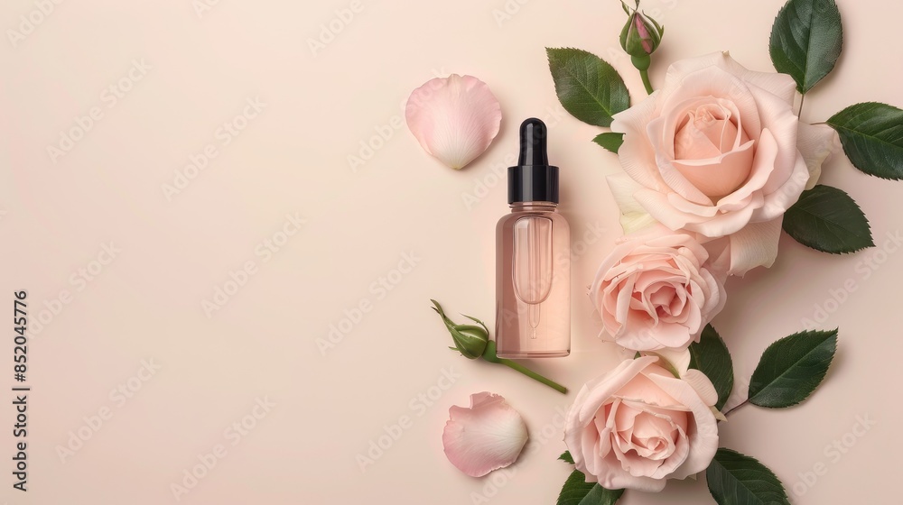 Natural skincare serum presentation with roses on neutral background Beauty concept with elegant packaging